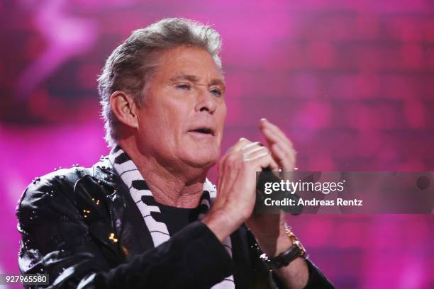 David Hasselhoff performs on stage during the Deutsche Telekom presentation on March 6, 2018 in Bonn, Germany. Deutsche Telekom presents today the...