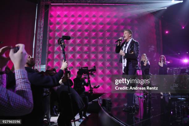 David Hasselhoff performs on stage during the Deutsche Telekom presentation on March 6, 2018 in Bonn, Germany. Deutsche Telekom presents today the...