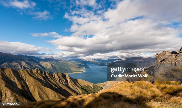 view of lake in mountain landscape, rugged landscape, lake hawea, otago, south island, new zealand - hawea stock-fotos und bilder