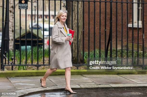 Chief Secretary to the Treasury Elizabeth Truss arrives for a weekly cabinet meeting at 10 Downing Street in central London. March 6, 2018 in London,...