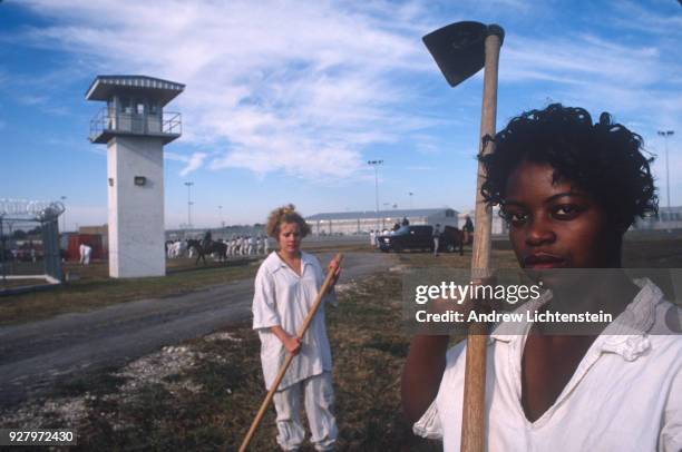 Women prisoners at the Mountainview Unit, a Texas state prison for women, work the fields of the prison farm in hoe squads on October 1, 1996 outside...