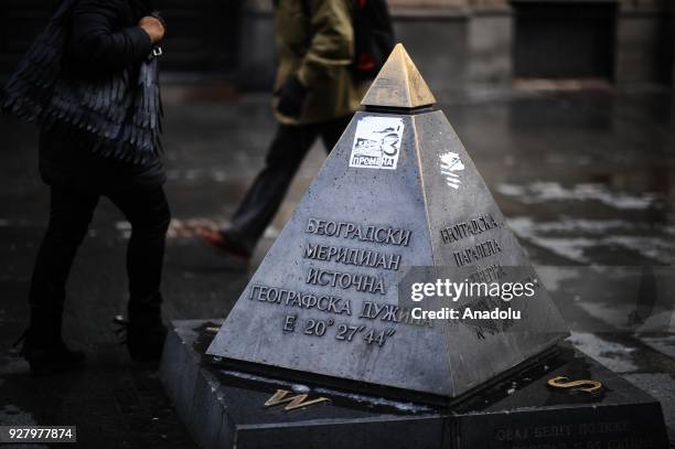 The Geographical longitude and latitude is seen at the Knez Mihailova Street in Belgrade, Serbia on March 04, 2018. The city has a different...