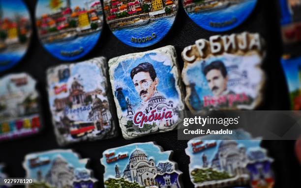 Different kinds of souvenirs are seen on the Knez Mihailova Street for tourist attraction to introduce the city's nature and historical heritage in...