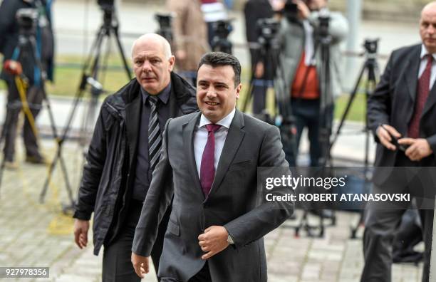 Prime Minister Zoran Zaev arrives at Skopje court on March 6, 2018 to face his trial to answer the charge of requesting bribe from a local...