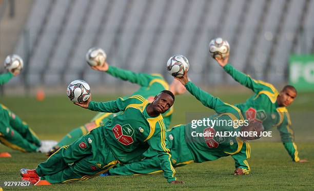 South African football players during their training at Rand stadium in Johannesburg on June 22, 2009. South Africa will paly aginist the US in the...