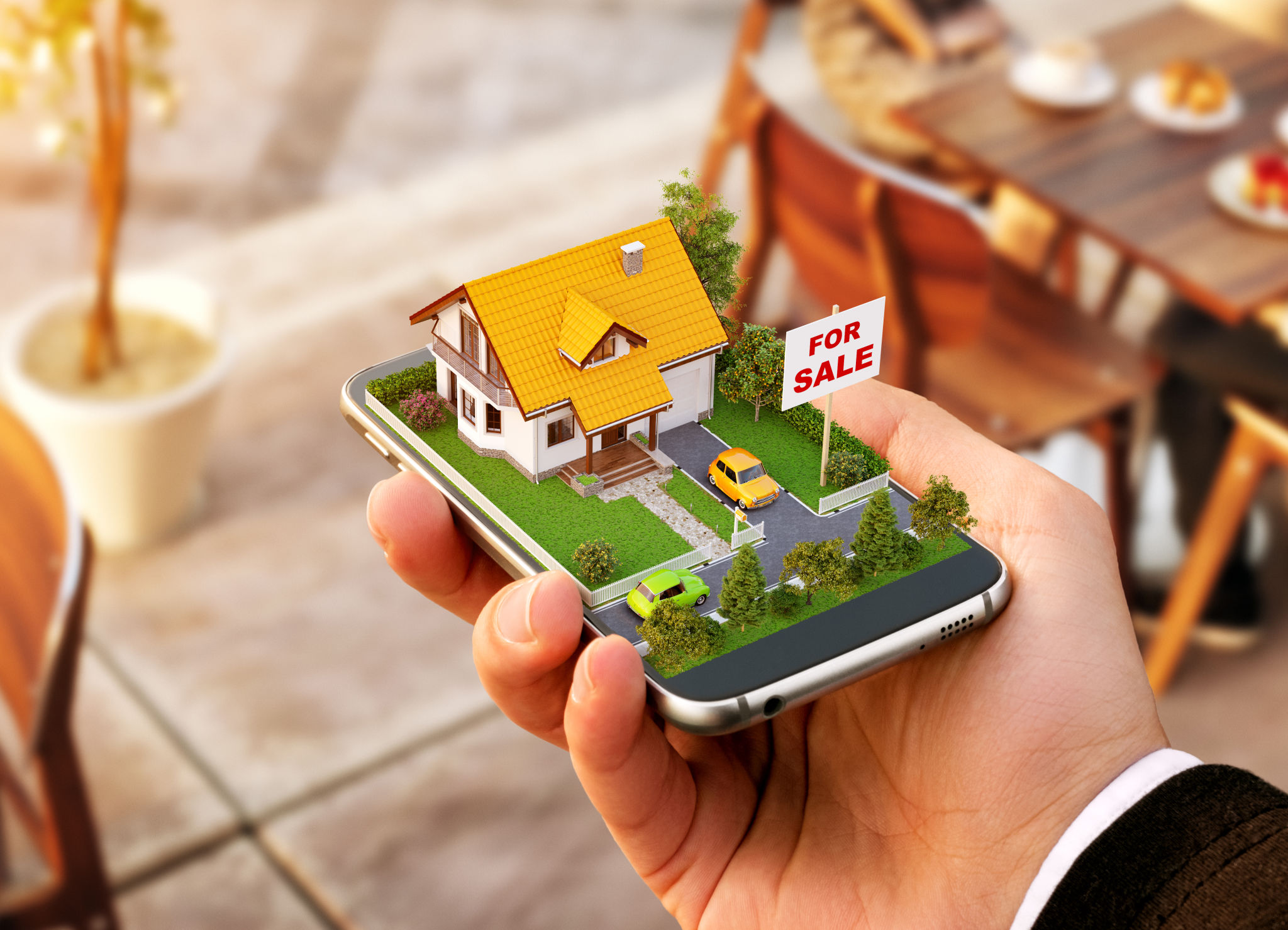 Smartphone application for online searching, buying, selling and booking real estate. Unusual 3D illustration of beautiful house on smart phone in hand Smartphone application for online searching, buying, selling and booking real estate. Unusual 3D illustration of beautiful house on smart phone in hand