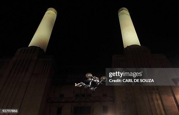 Freestyle Motorcross rider, Nate Adams is pictured in action at Battersea Power Station, in London on August 21, 2009. Adams was training ahead of...