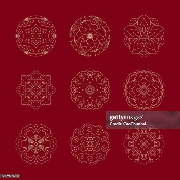 flower patterns-chinese traditional decorative elements - art deco pattern round stock illustrations