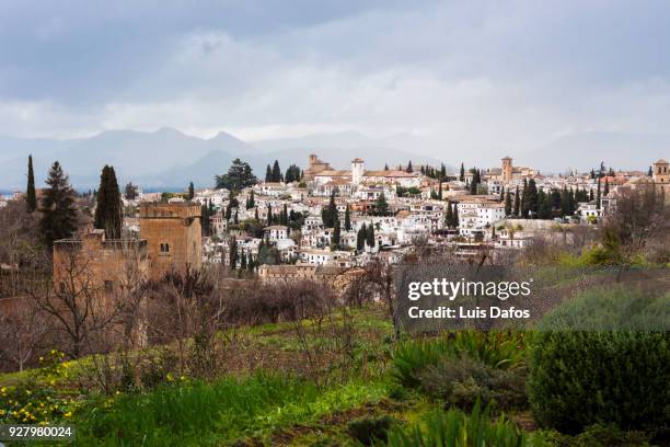 albaicin general view with alhambra tower in foreground - albaicín stock pictures, royalty-free photos & images