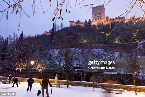 snow covered alhambra palace illuminated at night - albaicín stock pictures, royalty-free photos & images