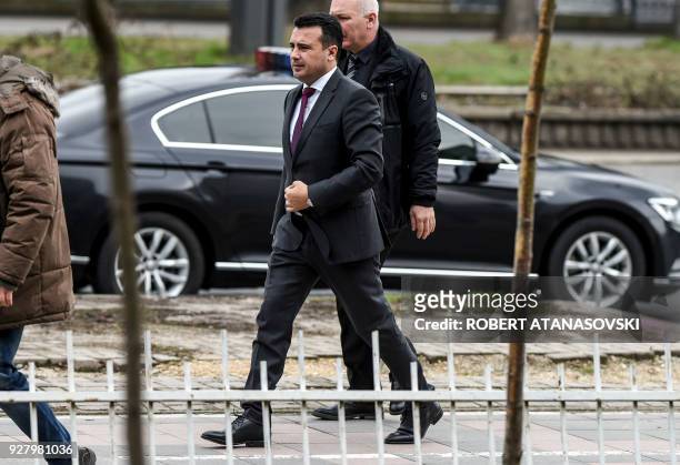 Prime Minister Zoran Zaev arrives at Skopje court on March 6, 2018 to face his trial to answer the charge of requesting bribe from a local...