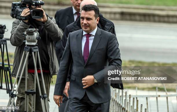 Prime Minister Zoran Zaev arrives at Skopje court on March 6, 2018 to face his trial to answer the charge of requesting bribe from a local...