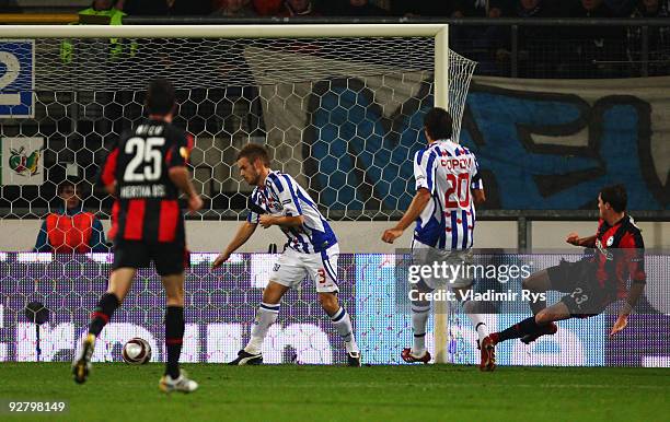 Valeri Domovchiyski of Hertha scores his team`s first goal during the UEFA Europa League group D match between SC Heerenveen and Hertha BSC Berlin at...