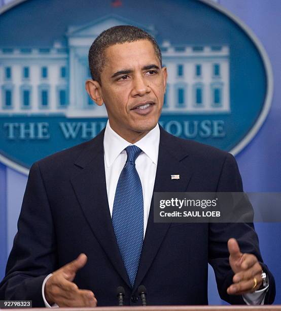 President Barack Obama speaks about healthcare reform legislation during the daily press briefing in the Brady Press Briefing Room at the White House...