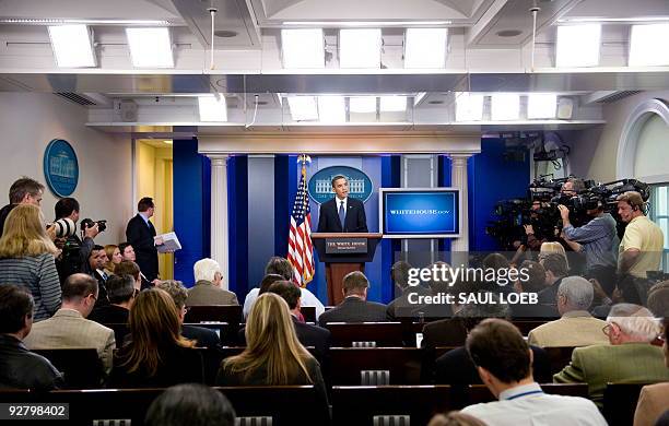 President Barack Obama speaks about healthcare reform legislation during the daily press briefing in the Brady Press Briefing Room at the White House...