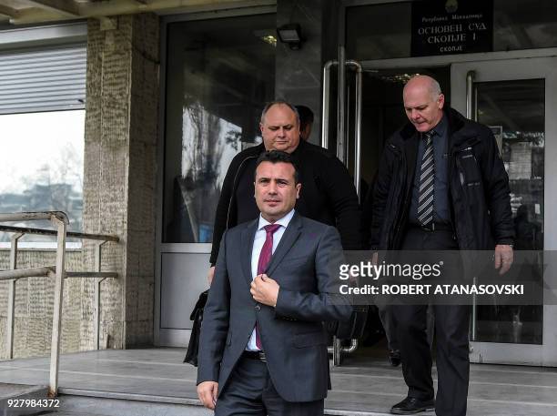 Prime Minister Zoran Zaev leaves Skopje court on March 6, 2018 on the first day of his trial to answer the charge of requesting bribe from a local...