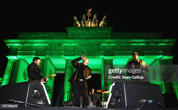 Perform during a concert in front of the Brandenburg Gate the on November 5, 2009 in Berlin, Germany. U2 performed a free concert in collaboration...