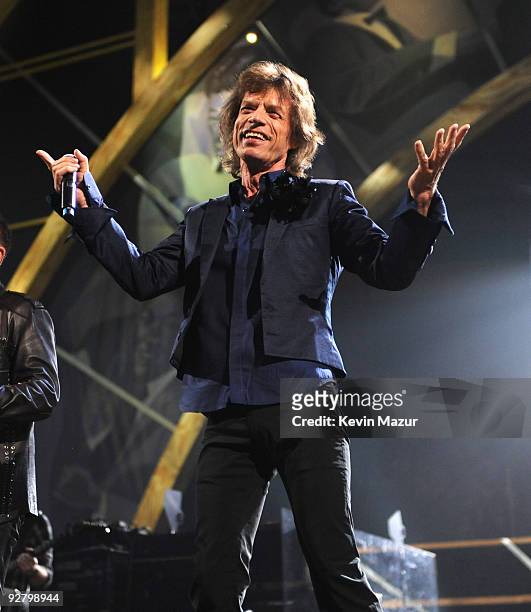 Mick Jagger performs on stage during the 25th Anniversary Rock & Roll Hall of Fame Concert at Madison Square Garden on October 30, 2009 in New York...