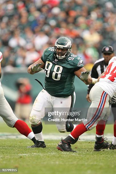Defensive tackle Mike Patterson of the Philadelphia Eagles rushes the line of scrimmage during a game against the New York Giants on November 1, 2009...