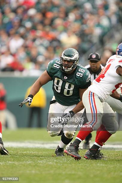 Defensive tackle Mike Patterson of the Philadelphia Eagles rushes the line of scrimmage during a game against the New York Giants on November 1, 2009...