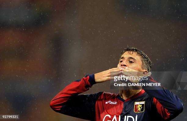 Genoa's Argentine foward Hernan Crespo jubilates after scoring against Lille during their Group B UEFA CUP football match on November 5, 2009 at...