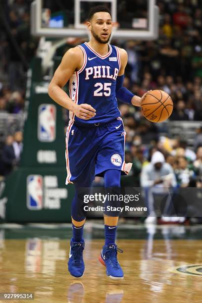 Ben Simmons of the Philadelphia 76ers handles the ball during a game against the Milwaukee Bucks at the Bradley Center on March 4, 2018 in Milwaukee,...