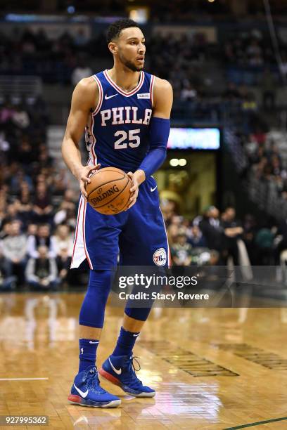 Ben Simmons of the Philadelphia 76ers handles the ball during a game against the Milwaukee Bucks at the Bradley Center on March 4, 2018 in Milwaukee,...