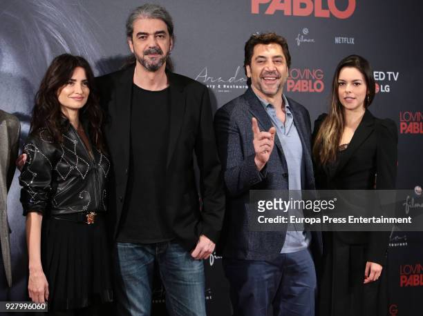 Penelope Cruz, director Fernando Leon de Aranoa, Javier Bardem and Julieth Restrepo attend 'Loving Pablo' photocall on March 6, 2018 in Madrid, Spain.