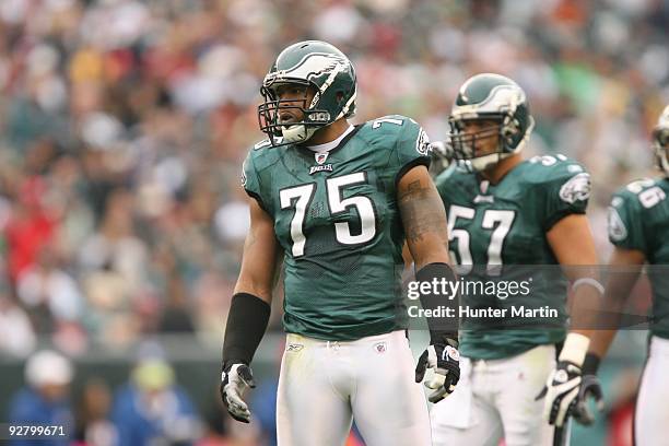 Defensive end Juqua Thomas of the Philadelphia Eagles stands on the field during a game against the New York Giants on November 1, 2009 at Lincoln...