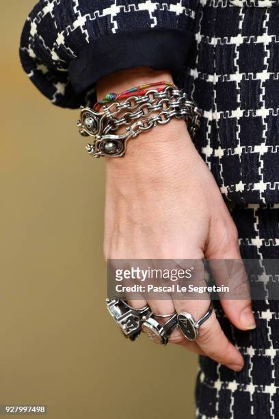 Joana Preiss,ring detail, attends the Chanel show as part of the Paris Fashion Week Womenswear Fall/Winter 2018/2019 at Le Grand Palais on March 6,...