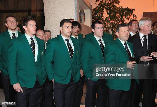 Australian Rugby League players pose as they attend media meeting at Australian embassy on November 5, 2009 in Paris, France.