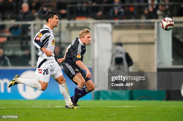 Anderlecht's Jonathan Legear scores the 3-1 after a solo run during the Europa League group stage match between Belgian RSCA Anderlecht and Romanian...