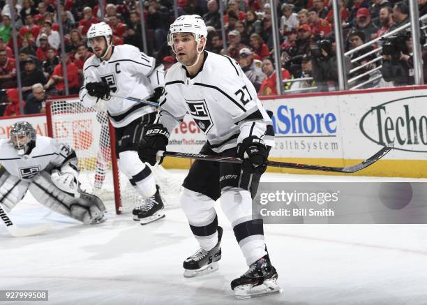 Alec Martinez of the Los Angeles Kings watches for the puck in the first period against the Chicago Blackhawks at the United Center on February 19,...