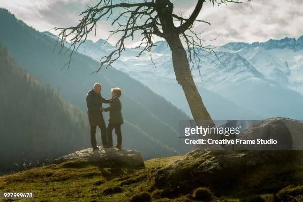 senior couple looking each other on a spectacular alpine scenery - blank frame stockfoto's en -beelden