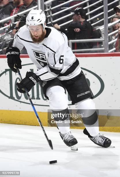 Jake Muzzin of the Los Angeles Kings controls the puck in the third period against the Chicago Blackhawks at the United Center on February 19, 2018...