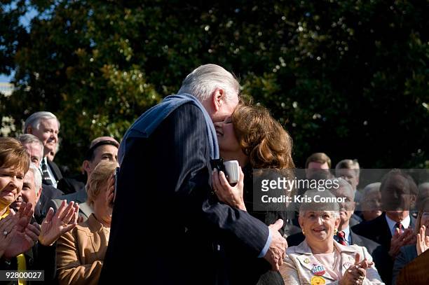 Actor Jon Voight and Rep. Michele Bachmann hug during a news conference "To Make a Healthcare 'House Call' on Washington" at the US Capitol on...