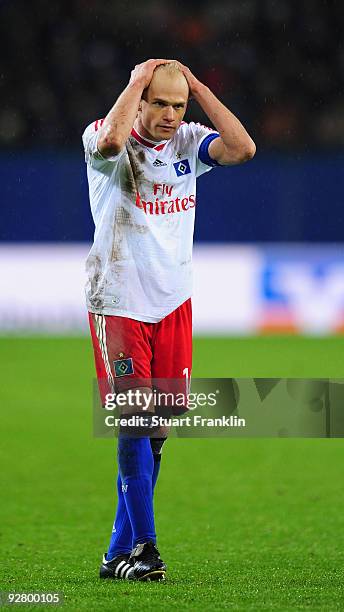 David Jarolim of Hamburg looks dejected during the UEFA Europa League game between Hamburger Sv and Glasgow Celtic on November 5, 2009 in Hamburg,...