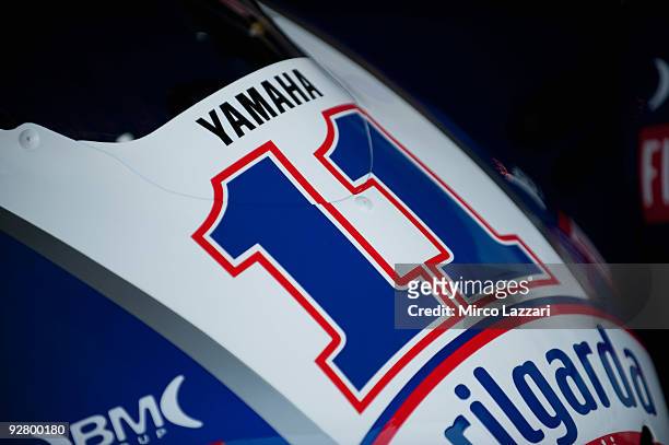 The Ben Spies's bike of USA and Yamaha Factory Racing in box during the last round of Comunitat Valenciana Grand Prix MotoGP in the Valencia Circuit...