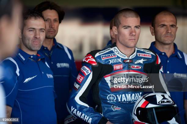 Ben Spies of USA and Yamaha Factory Racing poses in box during the last round of Comunitat Valenciana Grand Prix MotoGP in the Valencia Circuit on...