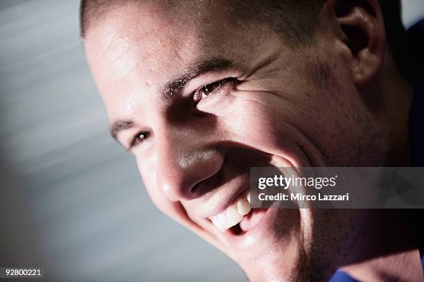 Ben Spies of USA and Yamaha Factory Racing smiles in box during the pit walk of last round of Comunitat Valenciana Grand Prix MotoGP in the Valencia...