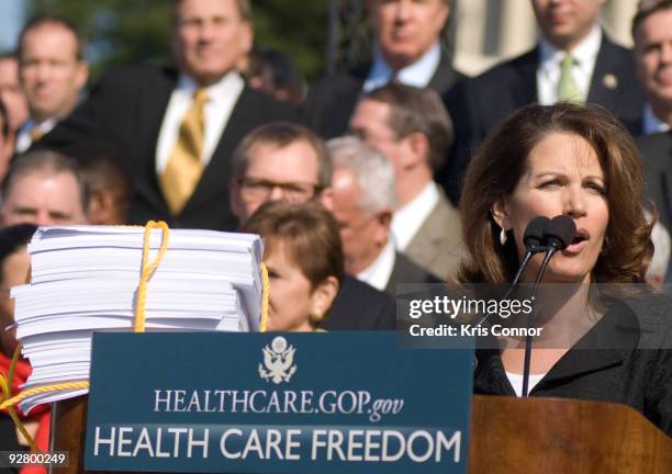 Representative Michele Bachmann speaks during a news conference "To Make a Healthcare 'House Call' on Washington" at the US Capitol on November 5,...