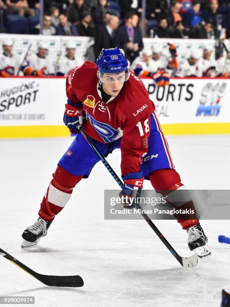 Kerby Rychel of the Laval Rocket looks on prior to a face-off against the Bridgeport Sound Tigers during the AHL game at Place Bell on March 2, 2018...