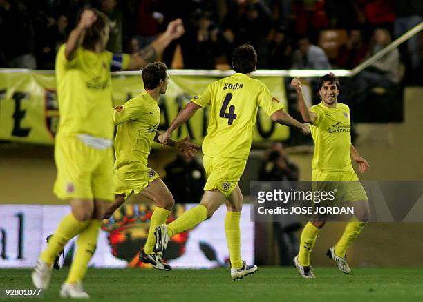 Villarreal's midfielder Cani celebrates scoring against Lazio during their Europe league football match at Madrigal Stadium in Villarreal ,on...
