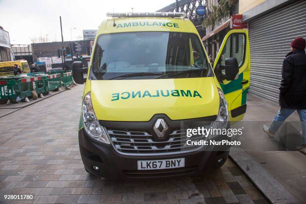 Ambulances emergency vehicle of the NHS is seen in the city center of London, UK, on 21 February 2018.