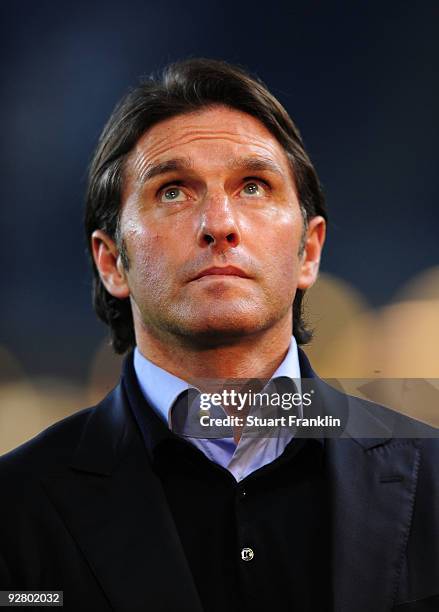 Head coach Bruno Labbadia of Hamburg looks on during the UEFA Europa League game between Hamburger Sv and Glasgow Celtic on November 5, 2009 in...