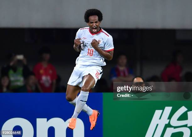Jeju United's Magno Da Cruz reacts during the AFC Champions League group stage football match between China's Guangzhou Evergrande and South Korea's...