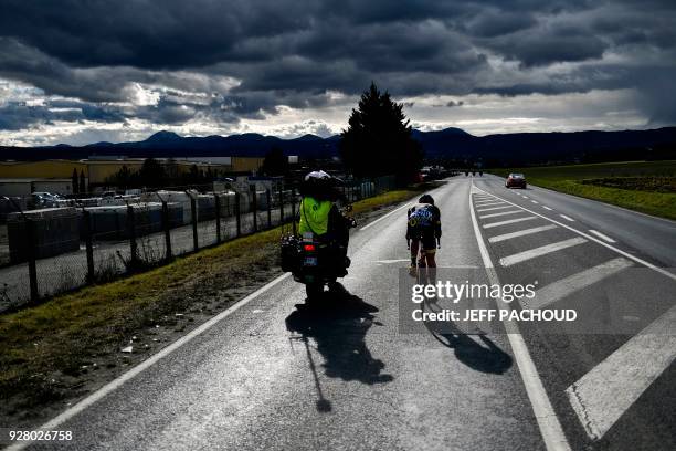 Direct Energie French rider, Fabien Grellier rides during his breakaway in the third stage of the Paris - Nice cycling race between Bourges and...