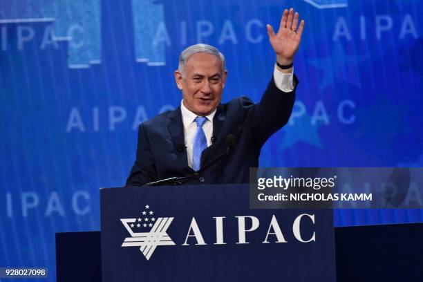Israeli Prime Minister Benjamin Netanyahu attends the American Israel Public Affairs Committee policy conference in Washington, DC, on March 6, 2018.