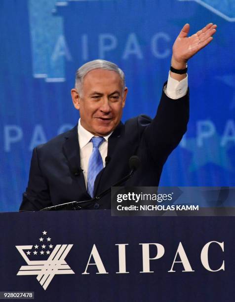 Israeli Prime Minister Benjamin Netanyahu attends the American Israel Public Affairs Committee policy conference in Washington, DC, on March 6, 2018.