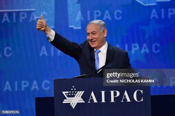 Israeli Prime Minister Benjamin Netanyahu attends the American Israel Public Affairs Committee policy conference in Washington, DC, on March 6, 2018.